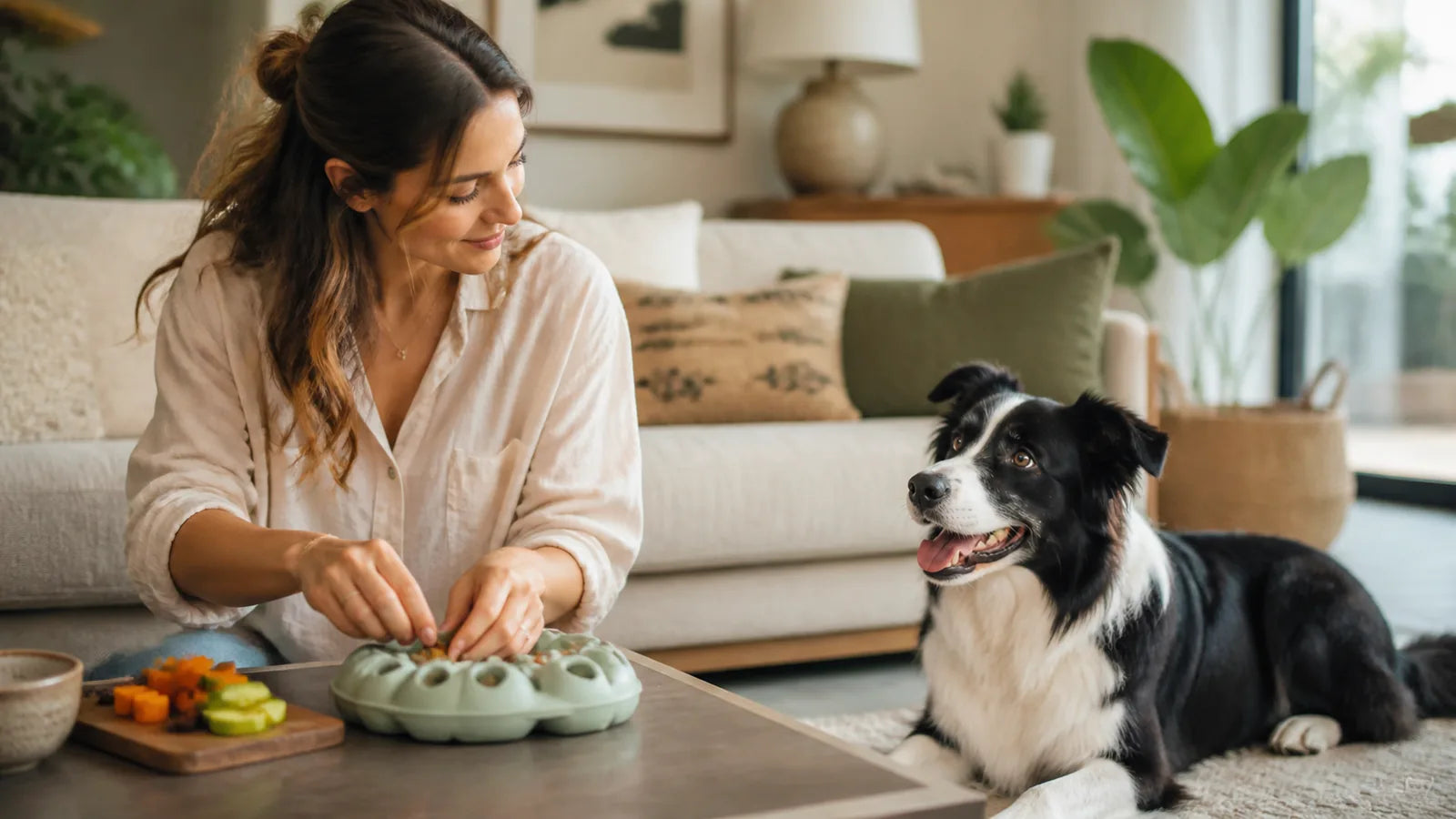 Pet parent preparing an enrichment snack with a border collie
