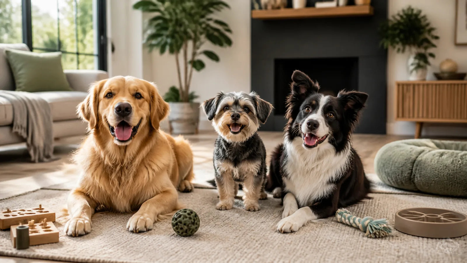 Three dogs ready for enrichment activities at home