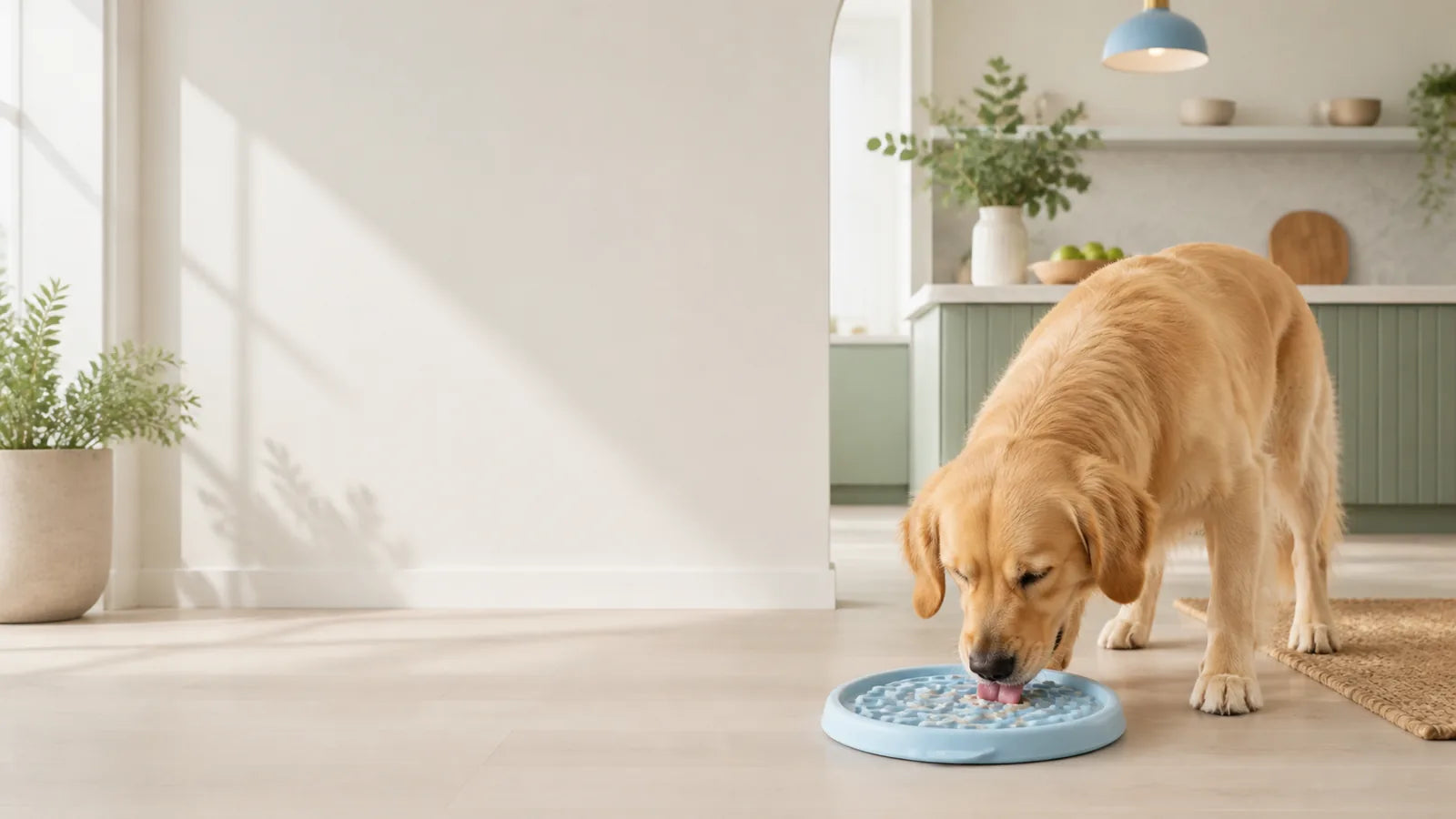 Golden retriever enjoying a blue enrichment feeder in a bright kitchen